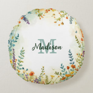 Colourful Spring Flower Wildflower Bouquet Monogra Round Cushion