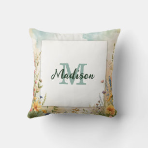 Colourful Spring Flower Wildflower Monogram Frame Cushion