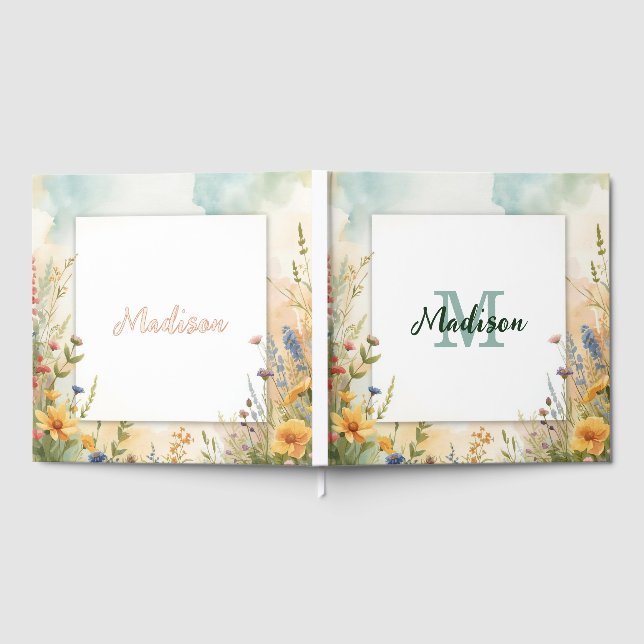 Colourful Spring Flower Wildflower Monogram Frame Guest Book (Full)