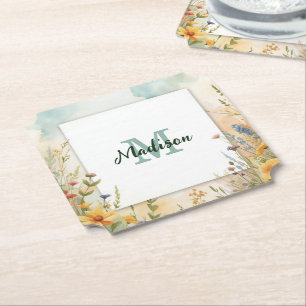 Colourful Spring Flower Wildflower Monogram Frame Paper Coaster