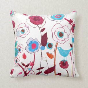 Colourful Spring Flowers Birds Mulberry Blue Cushion