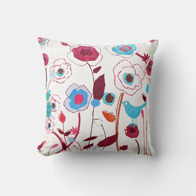 Colourful Spring Flowers Birds Mulberry Blue Orang Cushion (Front)