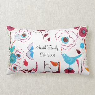 Colourful Spring Flowers Birds Mulberry Blue Orang Lumbar Cushion
