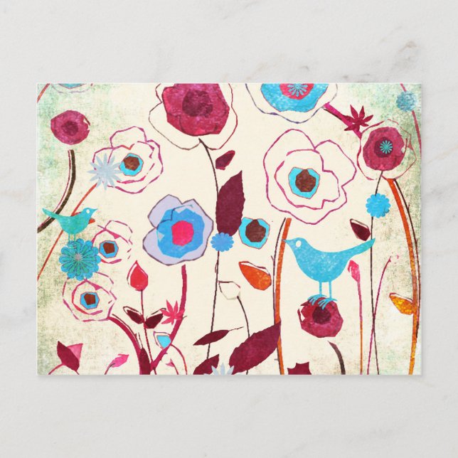 Colourful Spring Flowers Birds Mulberry Blue Orang Postcard (Front)