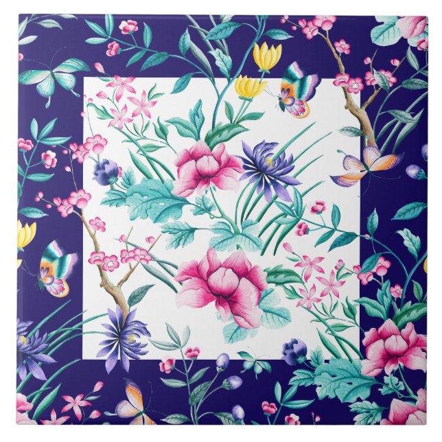 Colourful spring flowers & butterflies pattern ceramic tile (Front)