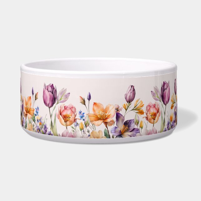 Colourful Spring Flowers Ceramic Pet Bowl (Front)
