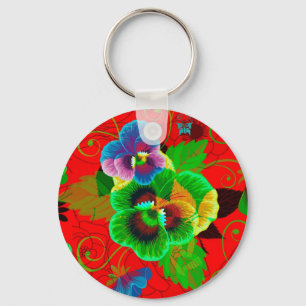Colourful Spring Flowers Design Red Background Key Ring
