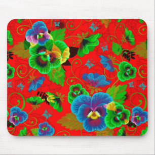 Colourful Spring Flowers Design Red Background Mouse Pad