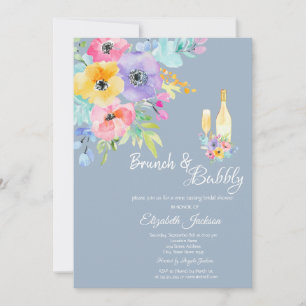 Colourful Spring Flowers Dusty Blue Brunch & Bubbl Invitation