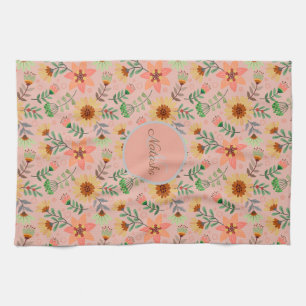 Colourful Spring Flowers Girly Name Monogram Tea Towel
