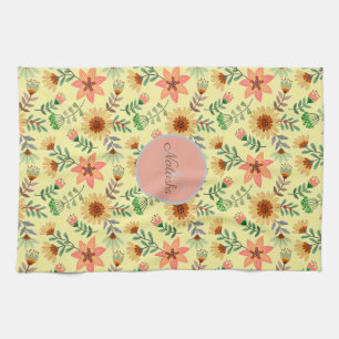 Colourful Spring Flowers Girly Name Monogram Tea Towel