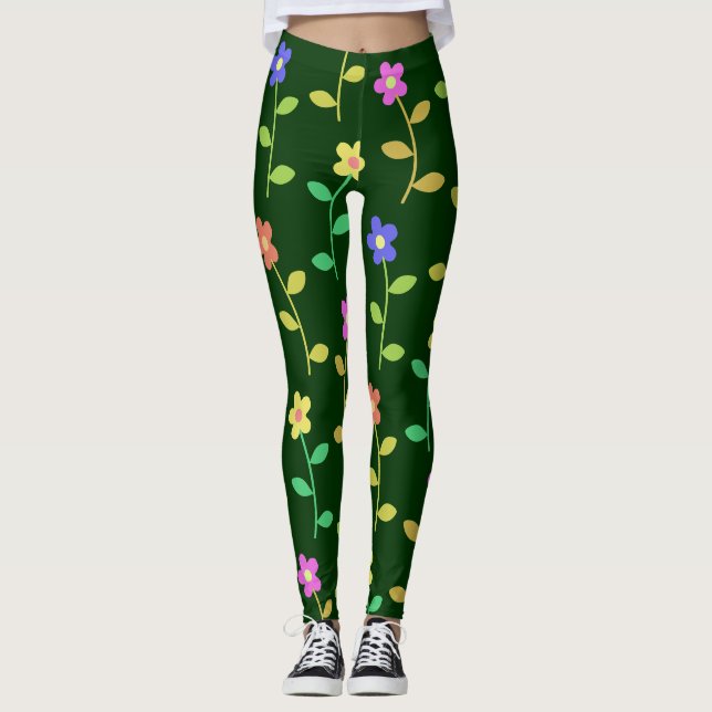 colourful  spring flowers green leggings (Front)