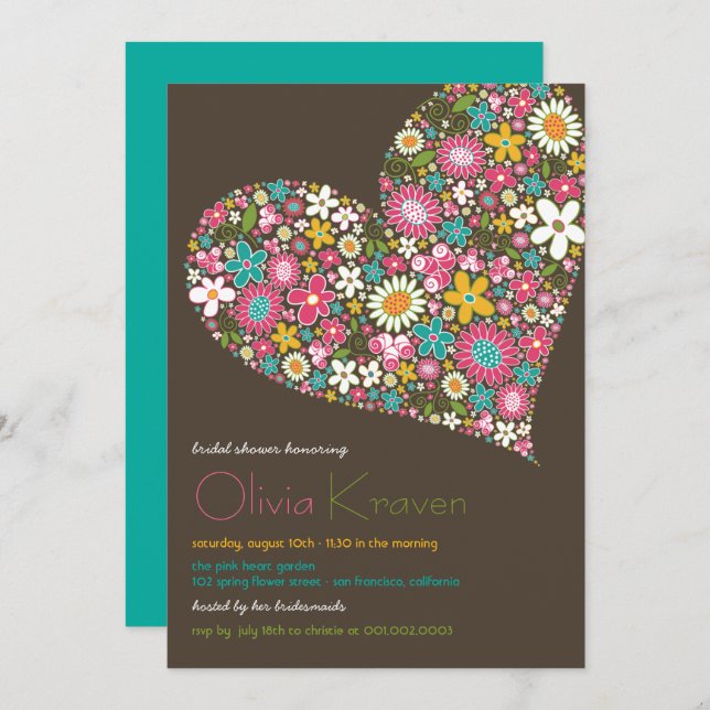 Colourful Spring Flowers Heart Bridal Shower Invit Invitation (Front/Back)
