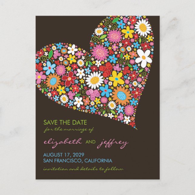 Colourful Spring Flowers Heart Love Save The Date Announcement Postcard (Front)