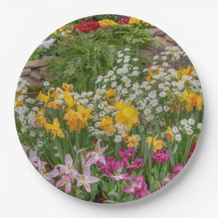 Colourful Spring Flowers in full bloom Paper Plate