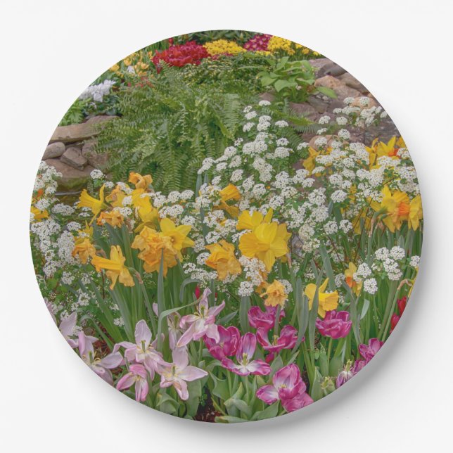 Colourful Spring Flowers in full bloom Paper Plate (Front)