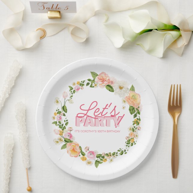 Colourful Spring Flowers Lettering 100th Birthday Paper Plate (Wedding)
