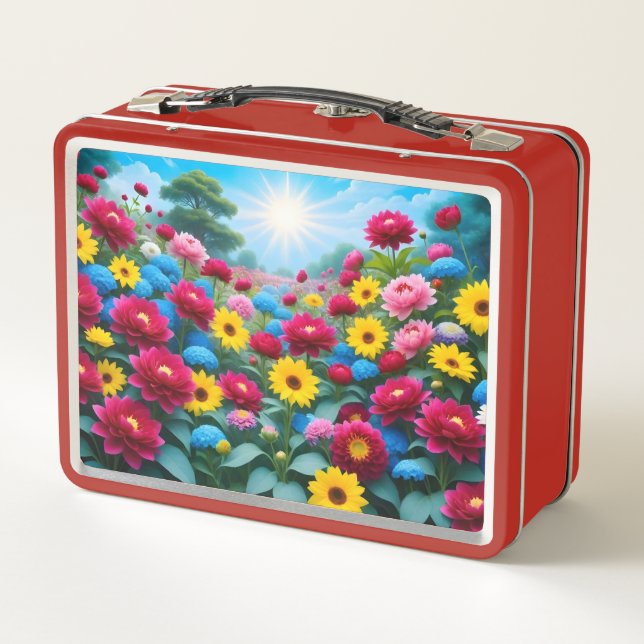 Colourful spring flowers metal lunch box (Back)