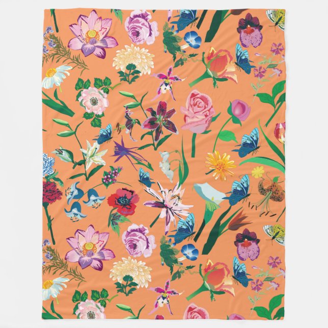 Colourful Spring Flowers Orange Background Fleece Blanket (Front)