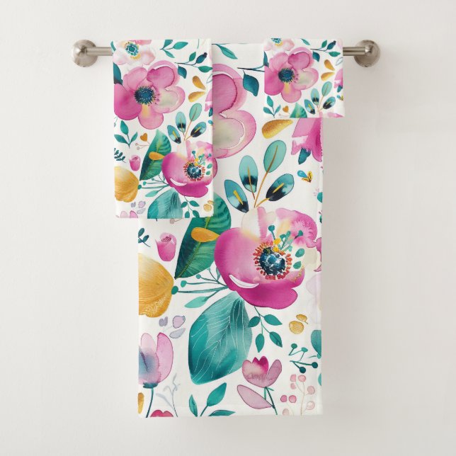 Colourful spring flowers pattern bath towel set (Insitu)