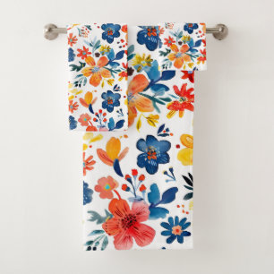 Colourful spring flowers pattern bath towel set