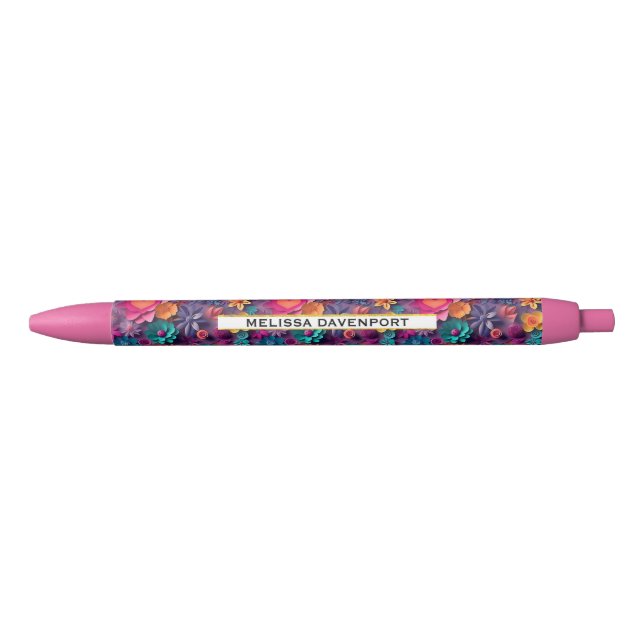 Colourful Spring Flowers Pattern Black Ink Pen (Front)