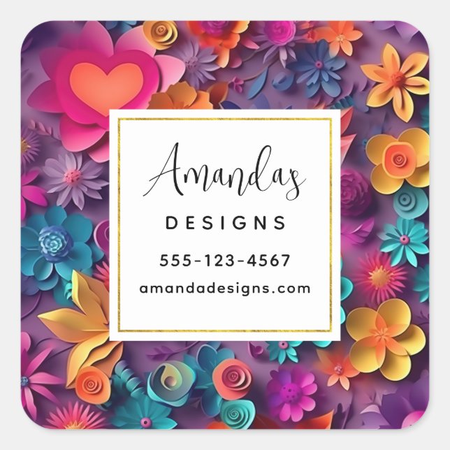 Colourful Spring Flowers Pattern Business Square Sticker (Front)