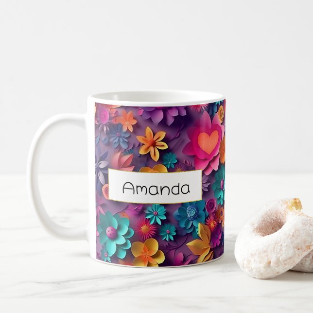Colourful Spring Flowers Pattern Coffee Mug (With Donut)