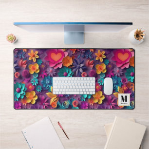 Colourful Spring Flowers Pattern Monogram Desk Mat