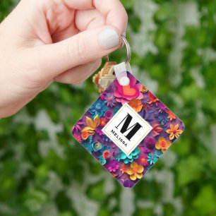 Colourful Spring Flowers Pattern Monogram Key Ring