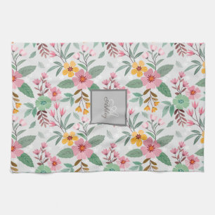  Colourful Spring Flowers Pattern Name Monogram   Tea Towel