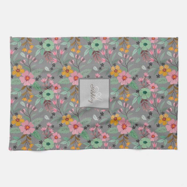  Colourful Spring Flowers Pattern Name Monogram  Tea Towel (Horizontal)