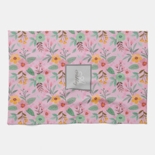 Colourful Spring Flowers Pattern Name Monogram  Tea Towel