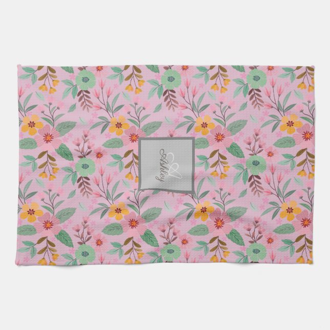  Colourful Spring Flowers Pattern Name Monogram  Tea Towel (Horizontal)