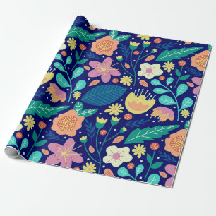 Colourful spring flowers pattern on blue wrapping paper