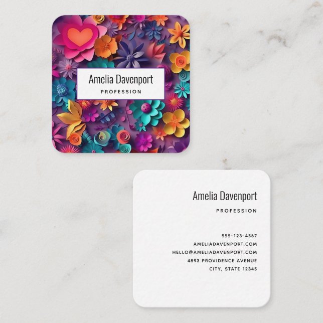 Colourful Spring Flowers Pattern Square Business Card (Front/Back)