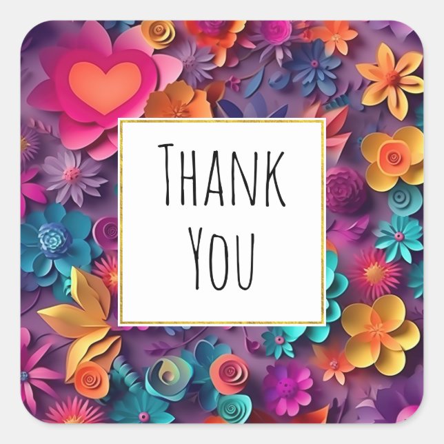 Colourful Spring Flowers Pattern Thank You Square Sticker (Front)