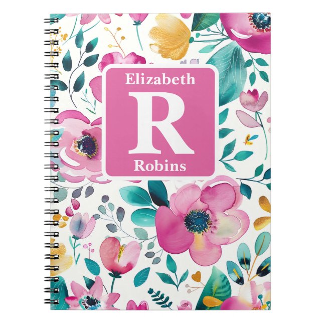 Colourful spring flowers personalised monogram  notebook (Front)