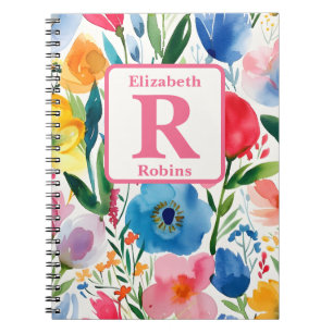 Colourful spring flowers personalised monogram notebook