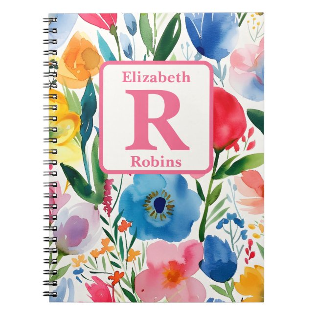 Colourful spring flowers personalised monogram  notebook (Front)