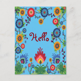 Colourful Spring Flowers Post Card 'Hello' Blue
