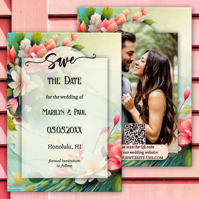 Colourful Spring Flowers Retro Photo Save the Date (Wedding Save the Date card featuring a colorful retro floral design with your custom photo + QR code)