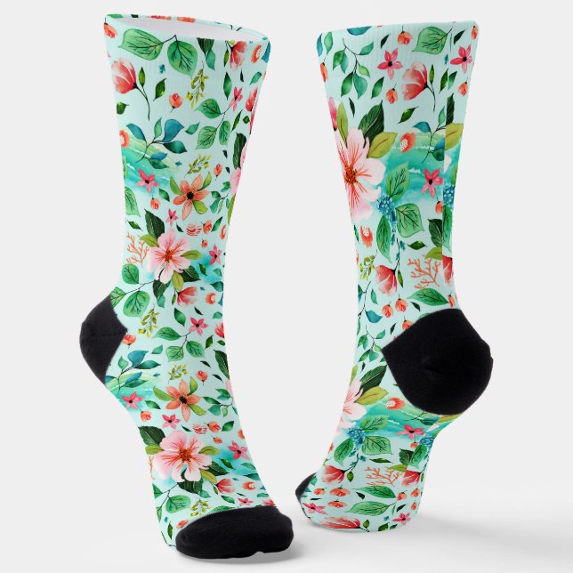 Colourful spring flowers seamless pattern socks (Angled)