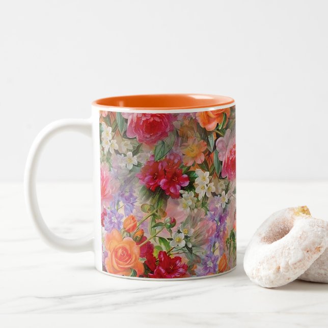 Colourful Spring Flowers Two-Tone Coffee Mug (With Donut)