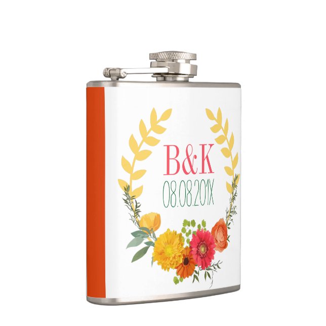 Colourful Spring Flowers Wedding Wreath Hip Flask (Right)