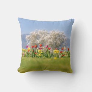Colourful Spring Flowers with Tulips and Daffodils Cushion