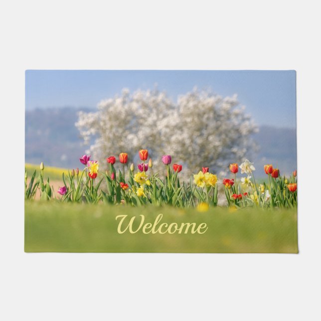 Colourful Spring Flowers with Tulips and Daffodils Doormat (Front)