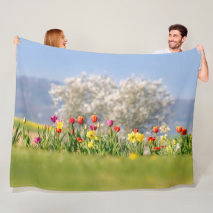 Colourful Spring Flowers with Tulips and Daffodils Fleece Blanket