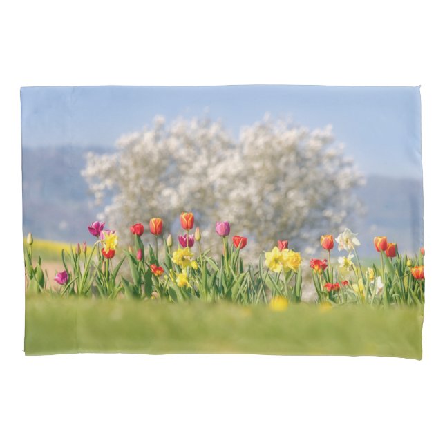 Colourful Spring Flowers with Tulips and Daffodils Pillowcase (Front)