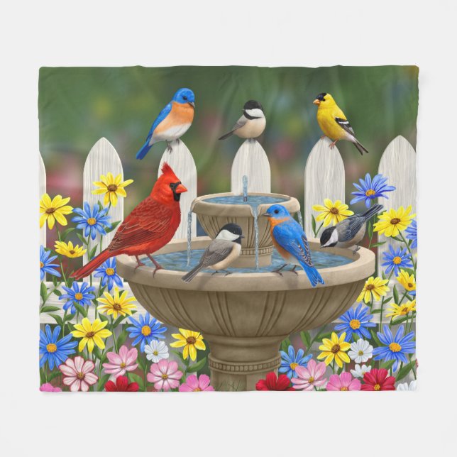 Colourful Spring Garden Bird Bath Fleece Blanket (Front (Horizontal))